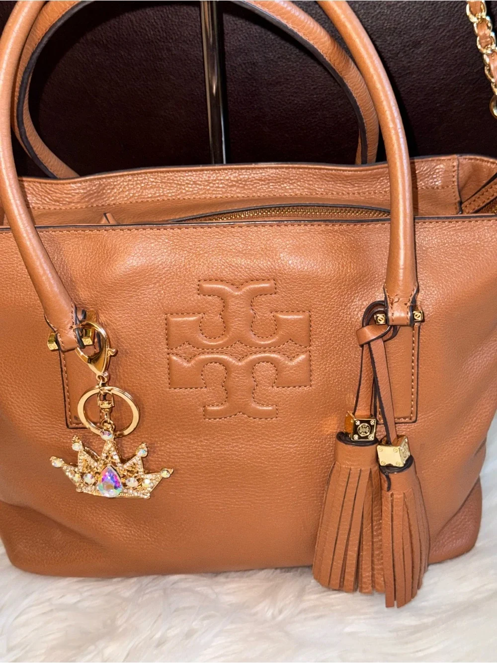 Tory Burch Cognac Pebbled Leather Tote with Tassel and Chain Strap